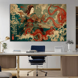 60201267-MGV-CV-36X24-Samurai Woman vs Octopus Wall Art – Japanese Ukiyo-e Armor Canvas Print, Red Tentacle Ocean Battle Artwork for Living Room,