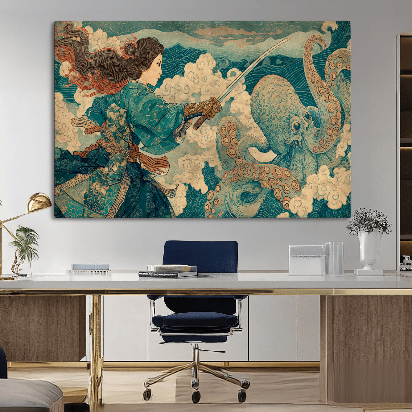 99764195-MGV-CV-36X24-Samurai vs Octopus Wall Art – Japanese Ukiyo-e Style Warrior and Sea Monster Canvas Print, Mythology Inspired Artwork for Living