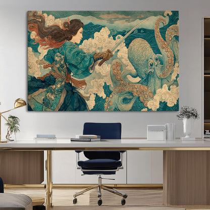 99764195-MGV-CV-36X24-Samurai vs Octopus Wall Art – Japanese Ukiyo-e Style Warrior and Sea Monster Canvas Print, Mythology Inspired Artwork for Living