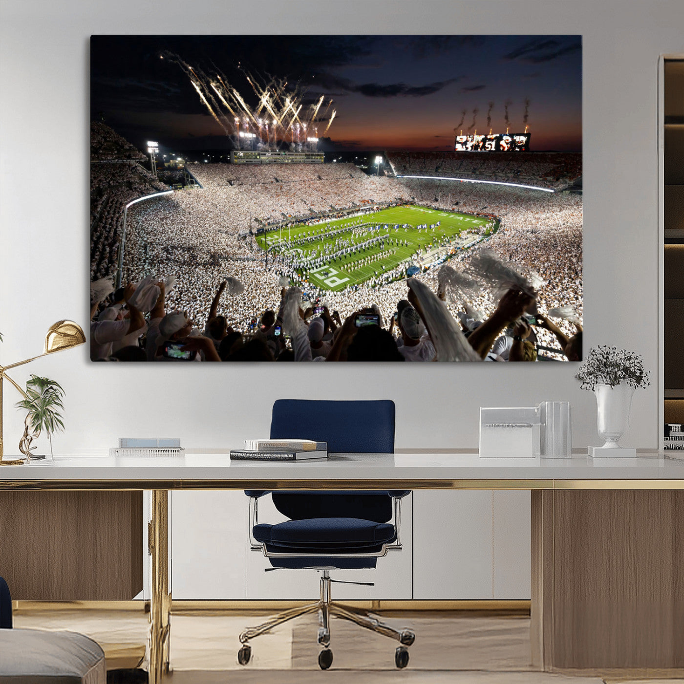 Penn-MGV-CV-36X24-Football Stadium Wall Art – Panoramic Night Game Canvas Print, Packed Crowd with Fireworks, Sports Decor for Office, Man Cave, Bar