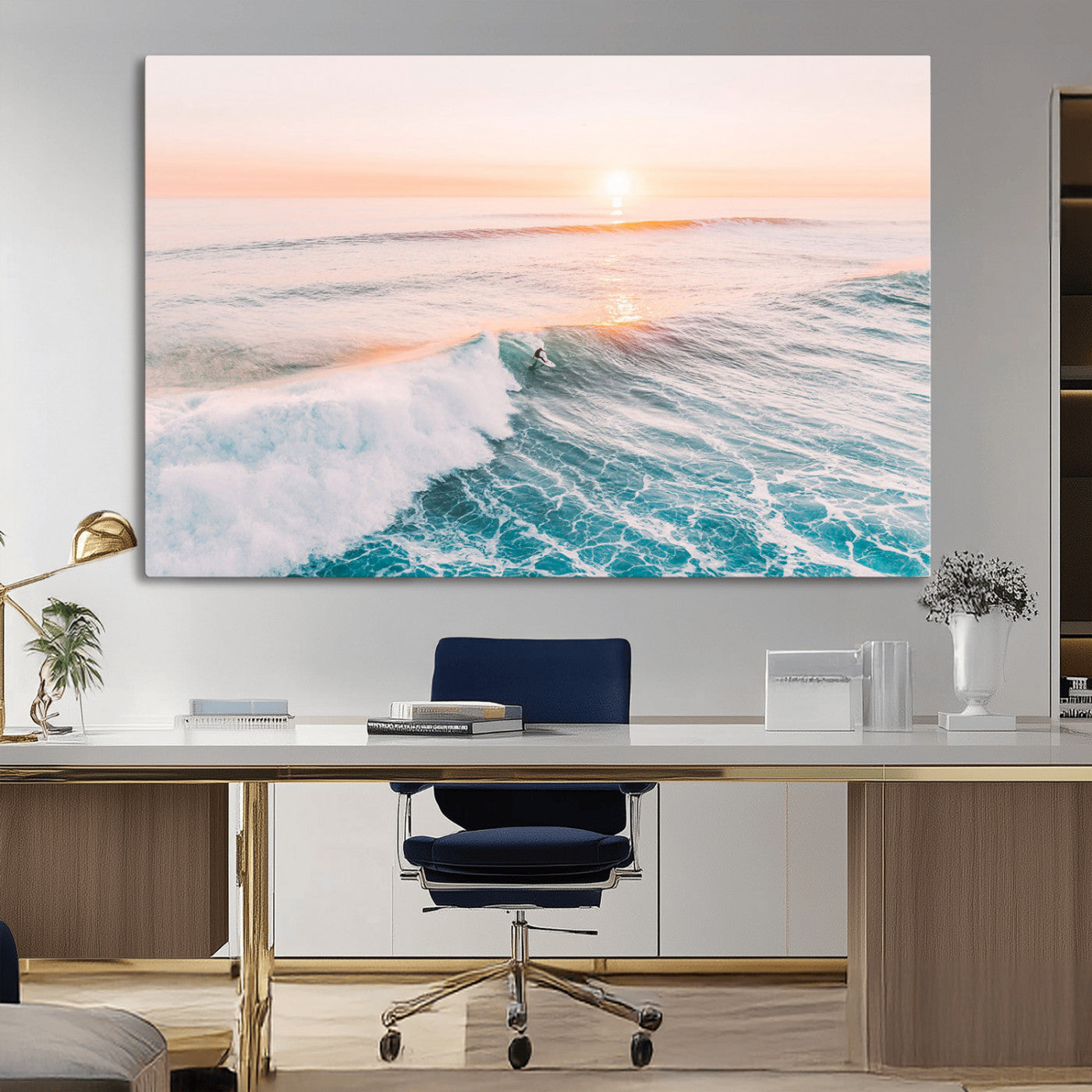 34064591-MGV-CV-36X24-Surfing Wall Art – Sunset Ocean Wave Canvas Print, Surfer Riding Sea Photography Decor for Bedroom, Living Room, Office, Coastal
