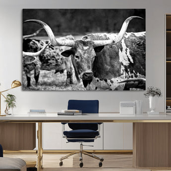15425553-MGV-CV-36X24-Western Wall Art – Longhorn Cattle Black and White Canvas Print, Rustic Ranch Photography Decor for Bedroom, Living Room, Office,