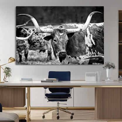 15425553-MGV-CV-36X24-Western Wall Art – Longhorn Cattle Black and White Canvas Print, Rustic Ranch Photography Decor for Bedroom, Living Room, Office,