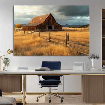 16480179-MGV-CV-36X24-Farmhouse Wall Art – Rustic Barn and Golden Field Canvas Print, Country Landscape Photography Decor for Bedroom, Living Room,