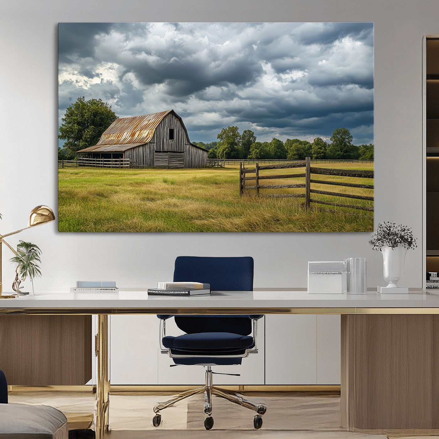 39409517-MGV-CV-36X24-Rustic Barn Wall Art – Weathered Farmhouse and Storm Clouds Canvas Print, Country Landscape Photography Decor for Bedroom, Living