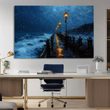 48300530-MGV-CV-36X24-Dark Stormy Pier Canvas Wall Art – Moody Ocean Night Scene with Street Lamps, Blue Coastal Seascape Print for Bedroom, Office, or