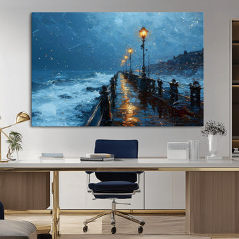 93793246-MGV-CV-36X24-Stormy Night Pier Canvas Wall Art – Moody Ocean Landscape with Lights, Blue Coastal Seascape Print for Bedroom, Living Room,