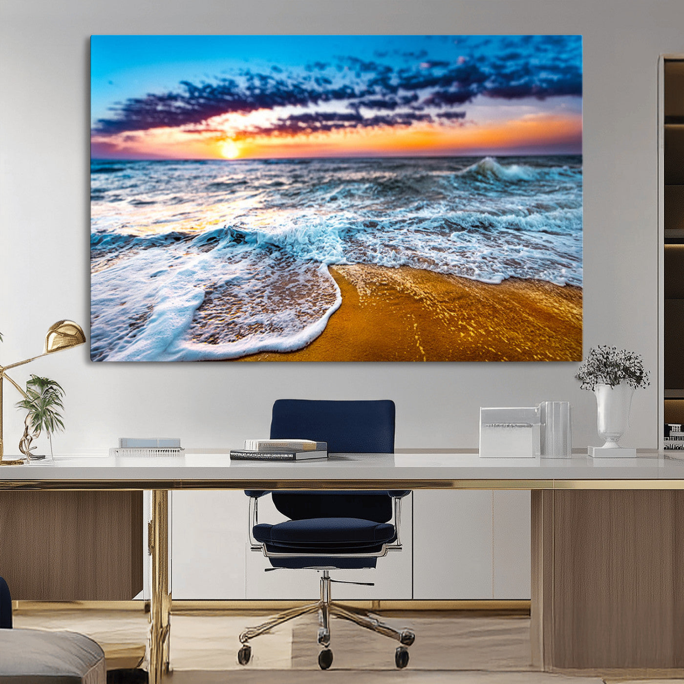 24077769-MGV-CV-36X24-Sunset Beach Wall Art – Ocean Waves Canvas Print, Golden Shoreline Photography Coastal Decor for Living Room, Bedroom, Office,