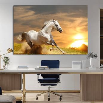 67478480-MGV-CV-36X24-White Horse Running at Sunset Wall Art – Majestic Equestrian Photography Print, Rustic Farmhouse Decor, Golden Sky Horse Lover
