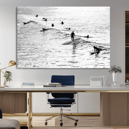 68018616-MGV-CV-36X24-Black and White Surf Photography Print – Minimalist Ocean Wall Art, Surfers Riding Waves, Coastal Beach Decor for Modern Home or
