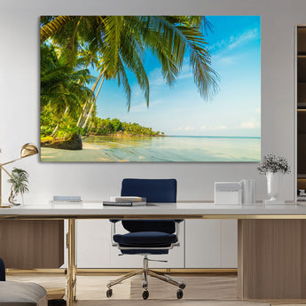 65056721-MGV-CV-36X24-Tropical Beach Wall Art – Palm Tree Coastal Photography Print, Relaxing Ocean Paradise Landscape, Island Seascape Home or Office