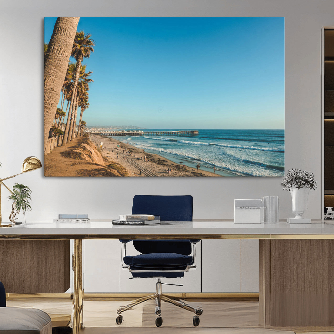 92568259-MGV-CV-36X24-California Beach Wall Art – Palm Tree Pier Canvas Print, Coastal Ocean Photography Seaside Decor for Living Room, Bedroom, Office,