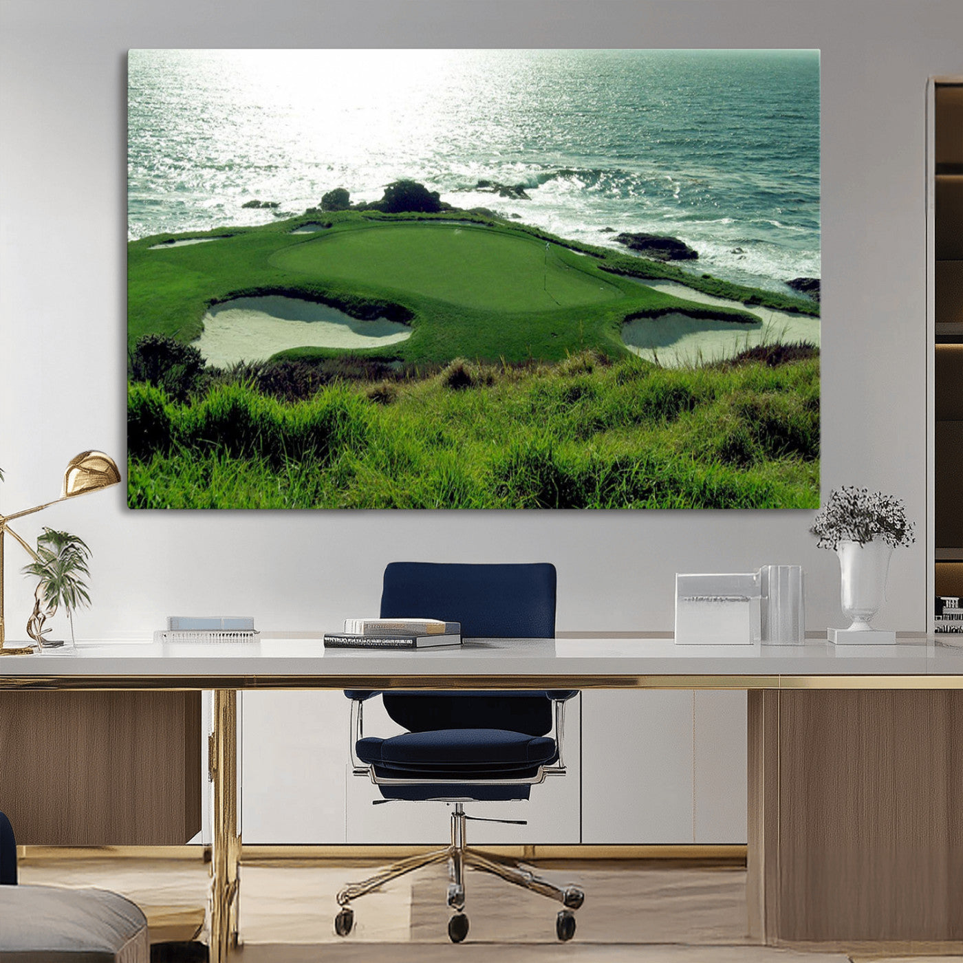48473947-MGV-CV-36X24-Ocean Golf Course Wall Art – Panoramic Green Fairway Canvas Print, Coastal Golf Landscape Photography Sports Decor for Office, Man