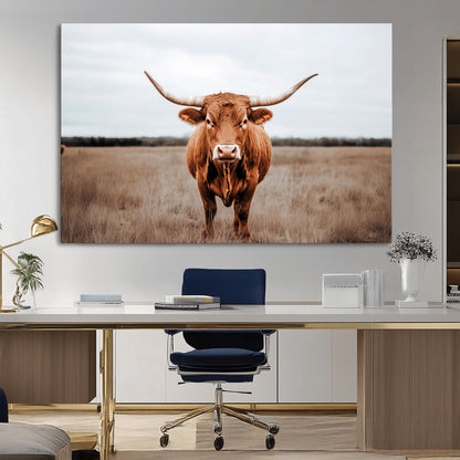 16316734-MGV-CV-36X24-Texas Longhorn Wall Art – Rustic Bull Portrait Canvas Print, Western Farmhouse Animal Photography Decor for Living Room, Office,