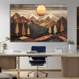 90044381-MGV-CV-36X24-Rustic Wall Art – Wooden Mountain Landscape with Sun and Pine Trees, Handcrafted Nature Canvas Style Decor for Bedroom, Living