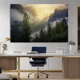 38316884-MGV-CV-36X24-Landscape Wall Art – Misty Mountain Valley Canvas Print, Scenic Pine Forest and Sunrise Photography Decor for Bedroom, Living