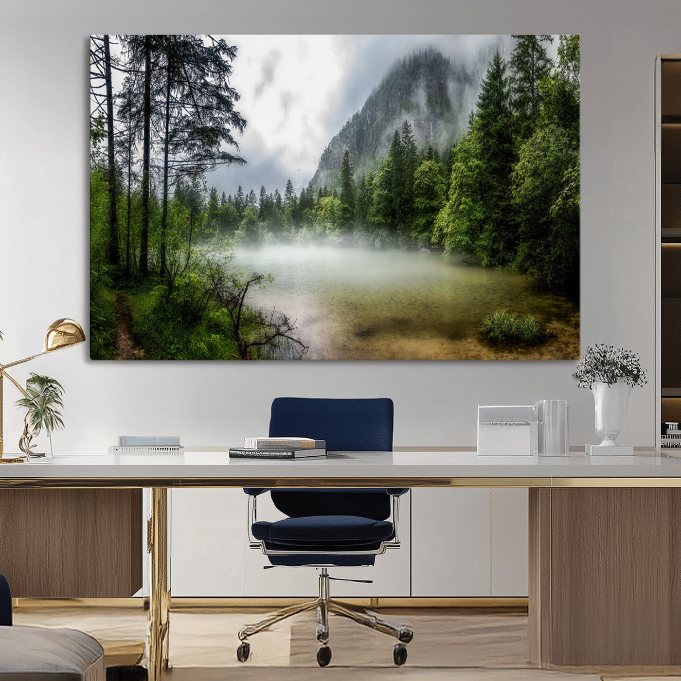 93123937-MGV-CV-36X24-Landscape Wall Art – Misty Mountain Lake Canvas Print, Tranquil Forest and Waterfall Photography Decor for Bedroom, Living Room,