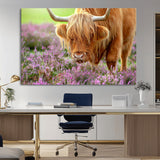 64069351-MGV-CV-36X24-Farmhouse Wall Art – Highland Cow in Wildflowers Canvas Print, Rustic Country Cattle Photography Decor for Bedroom, Living Room,