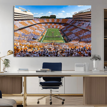 64238859-MGV-CV-36X24-Neyland Stadium Wall Art – Panoramic Tennessee Volunteers Power T Checkerboard Crowd Canvas Print, Day Game Football Band Sports