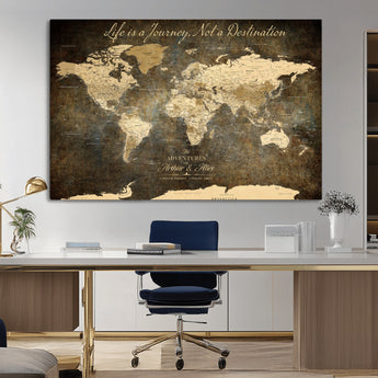 13394308-MGV-CV-36X24-Personalized World Map Wall Art – Dark Rustic Vintage Adventure Travel Map with Custom Couple Names, Timeless Wall Decor for Home
