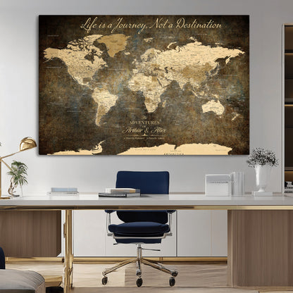13394308-MGV-CV-36X24-Personalized World Map Wall Art – Dark Rustic Vintage Adventure Travel Map with Custom Couple Names, Timeless Wall Decor for Home