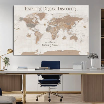56148717-MGV-CV-36X24-Personalized World Map Wall Art – Neutral Beige & Brown Vintage Adventure Travel Map with Custom Couple Names, Classic Wall Decor