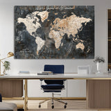 55548943-MGV-CV-36X24-Personalized World Map Wall Art – Rustic Wood Texture Adventure Travel Map with Custom Couple Names, Vintage Dark Wall Decor for