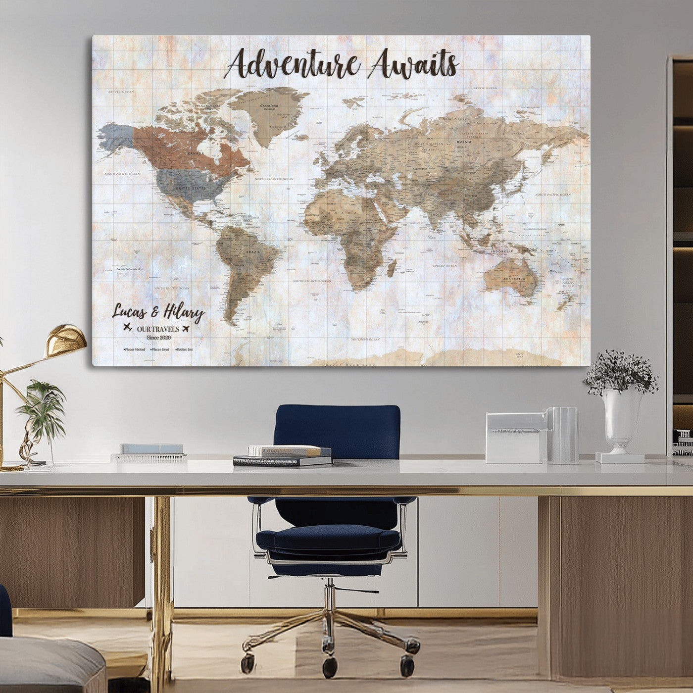 30792405-MGV-CV-36X24-Personalized World Map Wall Art – Rustic Beige Adventure Travel Map with Custom Couple Names, Vintage Wall Decor for Home or