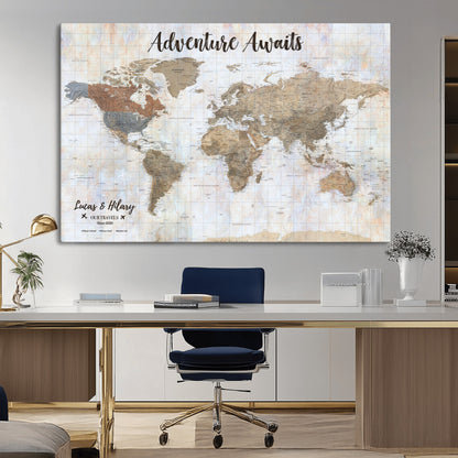 30792405-MGV-CV-36X24-Personalized World Map Wall Art – Rustic Beige Adventure Travel Map with Custom Couple Names, Vintage Wall Decor for Home or