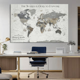 97082026-MGV-CV-36X24-Personalized World Map Wall Art – Vintage Gray Adventure Travel Map with Custom Couple or Family Names, Rustic Wall Decor for Home