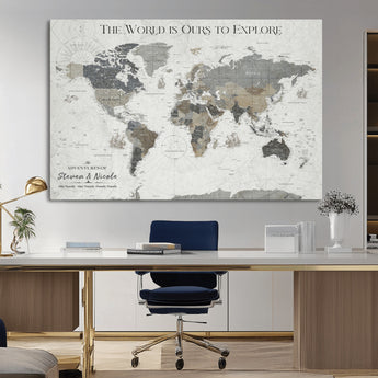 97082026-MGV-CV-36X24-Personalized World Map Wall Art – Vintage Gray Adventure Travel Map with Custom Couple or Family Names, Rustic Wall Decor for Home