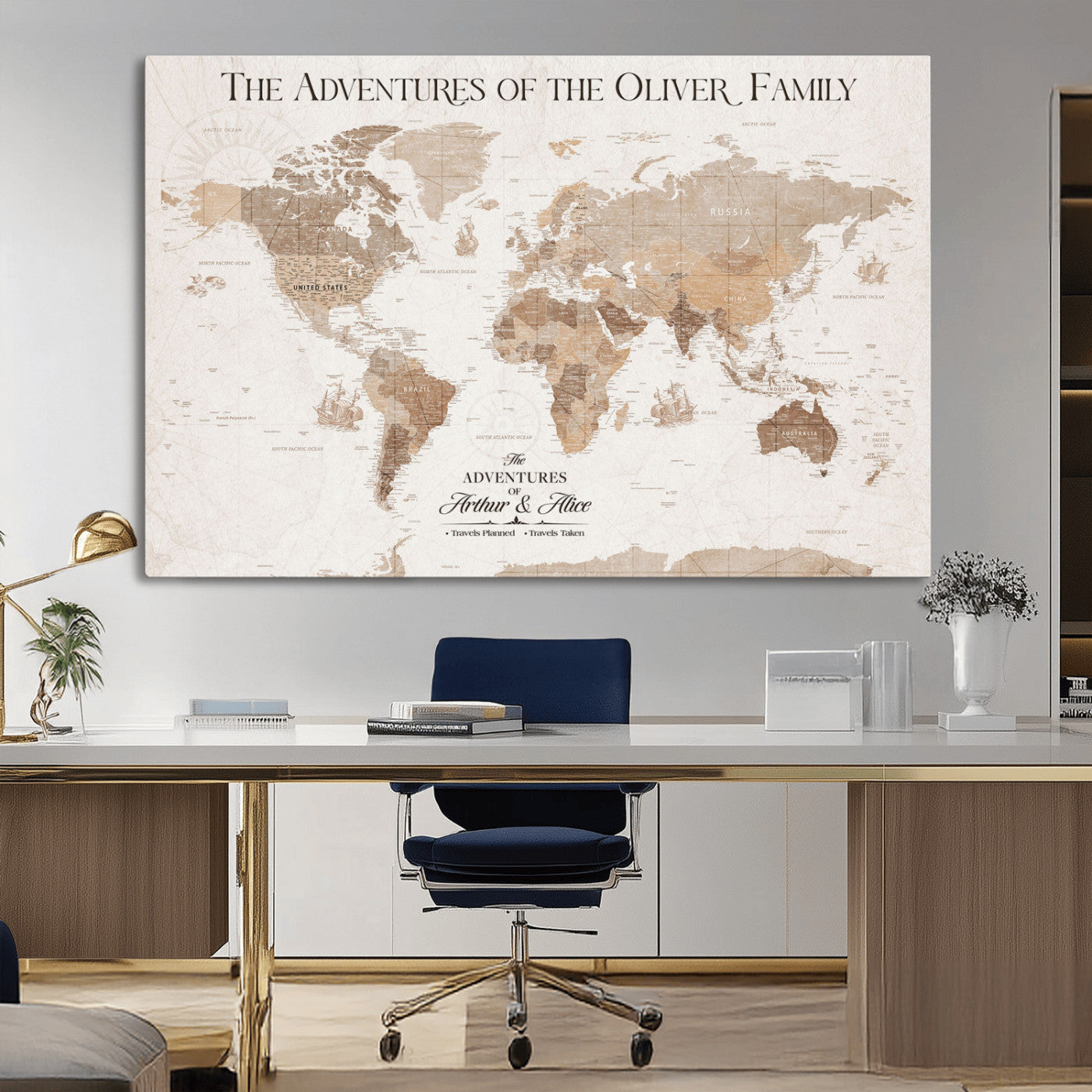 43869621-MGV-CV-36X24-Personalized World Map Wall Art – Light Beige Sepia Adventure Travel Map with Custom Family or Couple Names, Rustic Wall Decor for