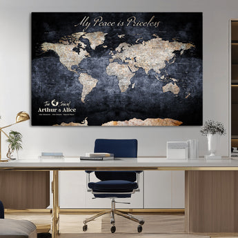 85403043-MGV-CV-36X24-Personalized World Map Wall Art – Dark Blue Rustic Adventure Map with Custom Couple Names, Vintage Wall Decor for Home or Travel