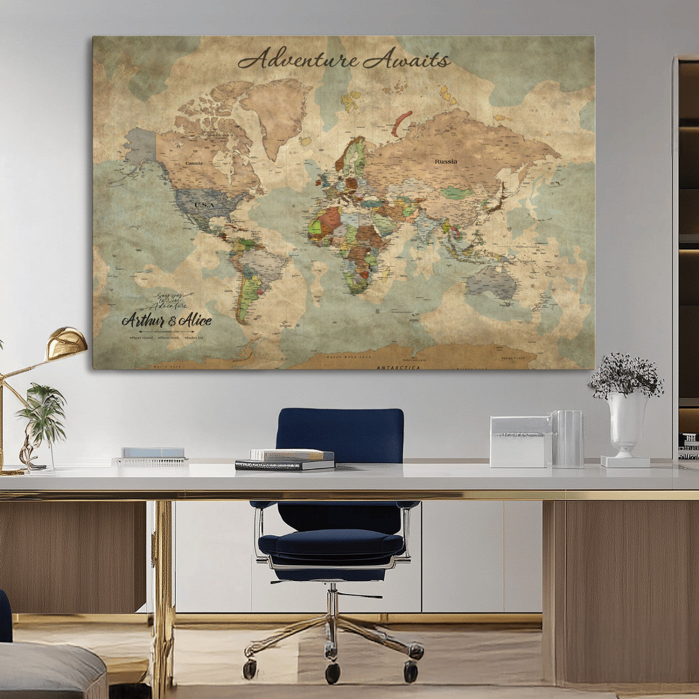 62500285-MGV-CV-36X24-Personalized World Map Wall Art – Rustic Watercolor Adventure Awaits Travel Map with Custom Couple Names, Vintage Wall Decor for