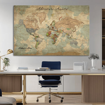 62500285-MGV-CV-36X24-Personalized World Map Wall Art – Rustic Watercolor Adventure Awaits Travel Map with Custom Couple Names, Vintage Wall Decor for