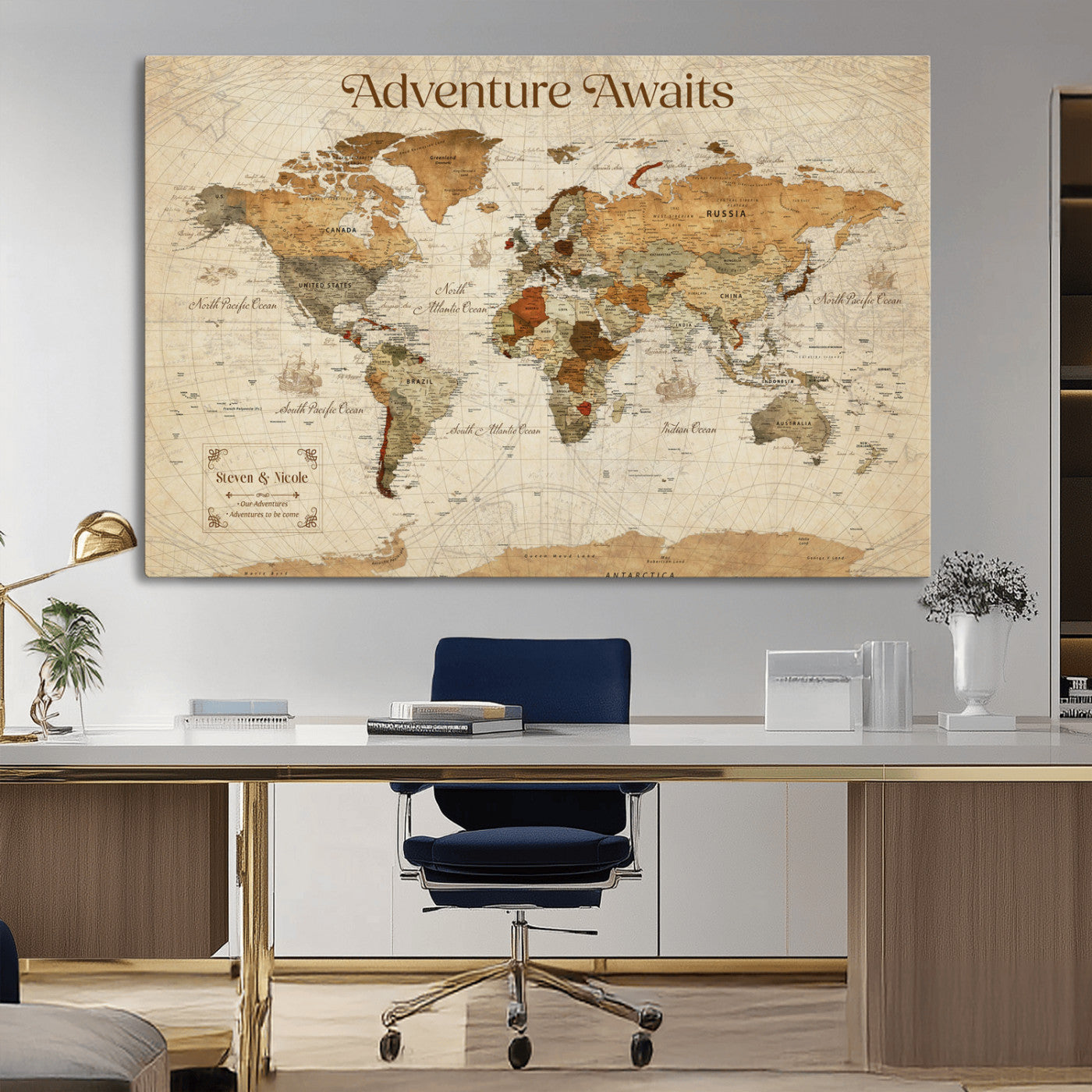 18685073-MGV-CV-36X24-Personalized World Map Wall Art – Antique Vintage Parchment Adventure Awaits Travel Map with Custom Couple Names, Rustic Wall