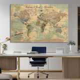 32019746-MGV-CV-36X24-Personalized World Map Wall Art – Vintage Camo Adventure Travel Map with Custom Family Names, Rustic Wall Decor for Couples, Home
