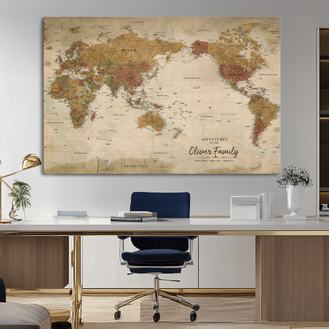 31874045-MGV-CV-36X24-Personalized World Map Wall Art – Vintage Earth Tone Adventure Map with Custom Family Names, Rustic Travel Decor for Home, Couples