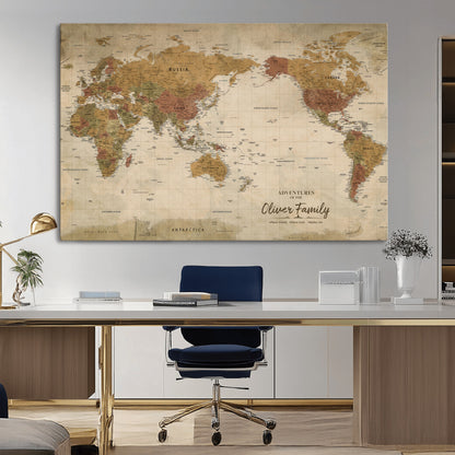 31874045-MGV-CV-36X24-Personalized World Map Wall Art – Vintage Earth Tone Adventure Map with Custom Family Names, Rustic Travel Decor for Home, Couples