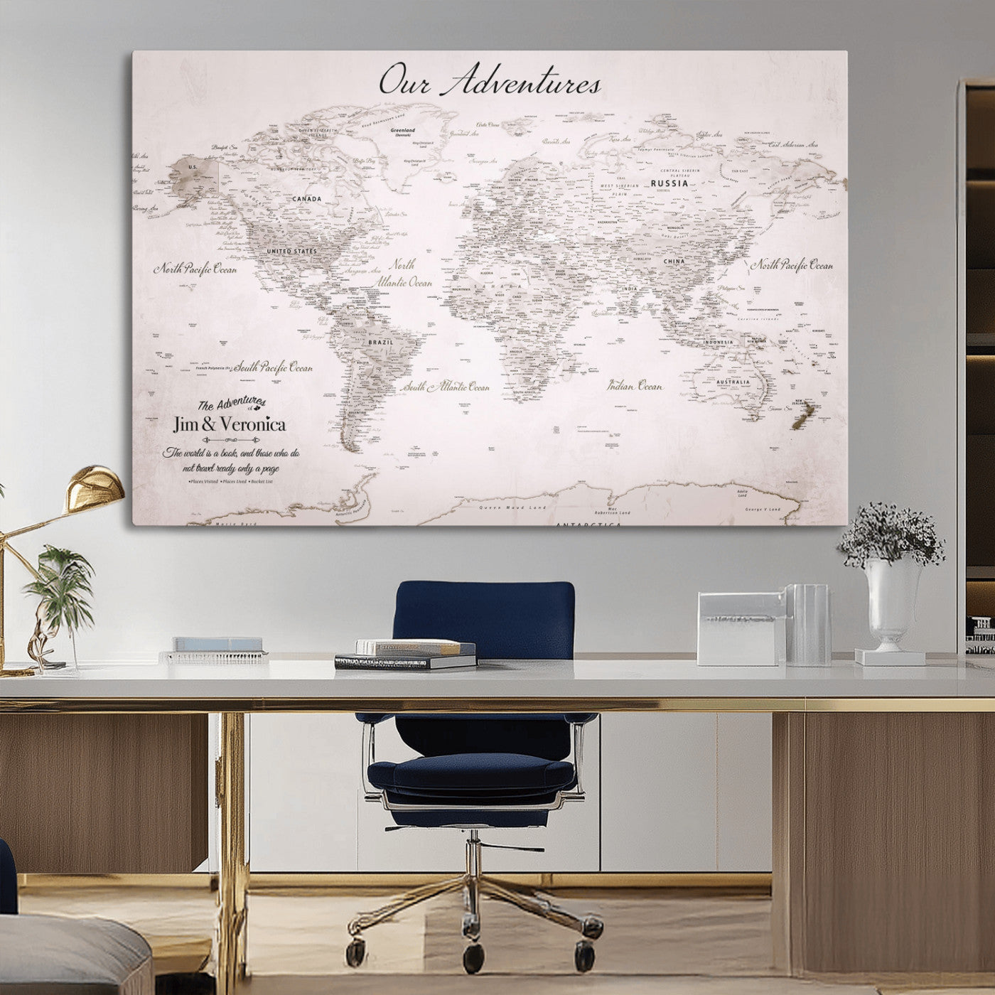 11706567-MGV-CV-36X24-Personalized World Map Wall Art – Minimalist Beige Adventure Travel Map with Custom Names, Elegant Push Pin Canvas for Couples,
