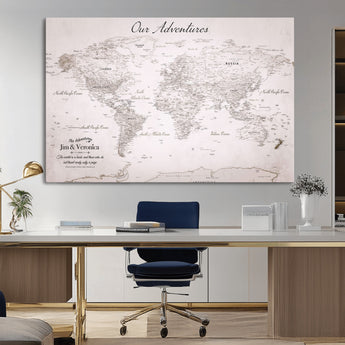 11706567-MGV-CV-36X24-Personalized World Map Wall Art – Minimalist Beige Adventure Travel Map with Custom Names, Elegant Push Pin Canvas for Couples,