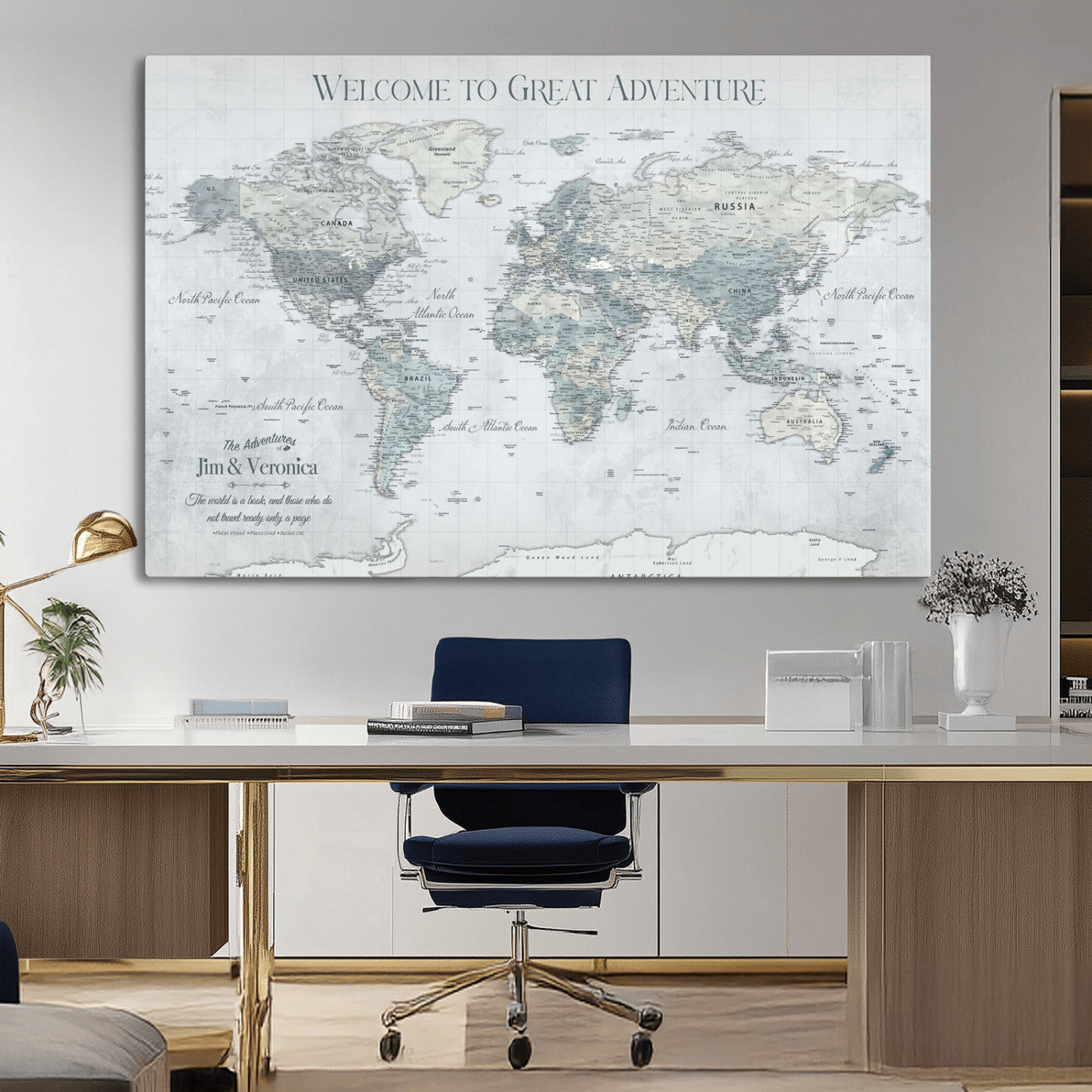 70605050-MGV-CV-36X24-Personalized World Map Wall Art – Cool Gray Adventure Travel Map with Custom Names, Elegant Push Pin Canvas for Couples, Family