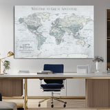 70605050-MGV-CV-36X24-Personalized World Map Wall Art – Cool Gray Adventure Travel Map with Custom Names, Elegant Push Pin Canvas for Couples, Family