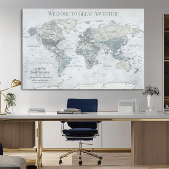 70605050-MGV-CV-36X24-Personalized World Map Wall Art – Cool Gray Adventure Travel Map with Custom Names, Elegant Push Pin Canvas for Couples, Family