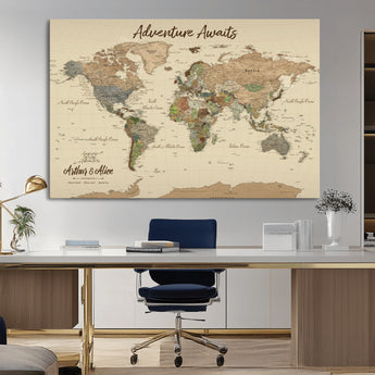 53442996-MGV-CV-36X24-Personalized World Map Wall Art – Adventure Awaits Vintage Travel Map with Custom Couple Names, Rustic Wall Decor for Home,