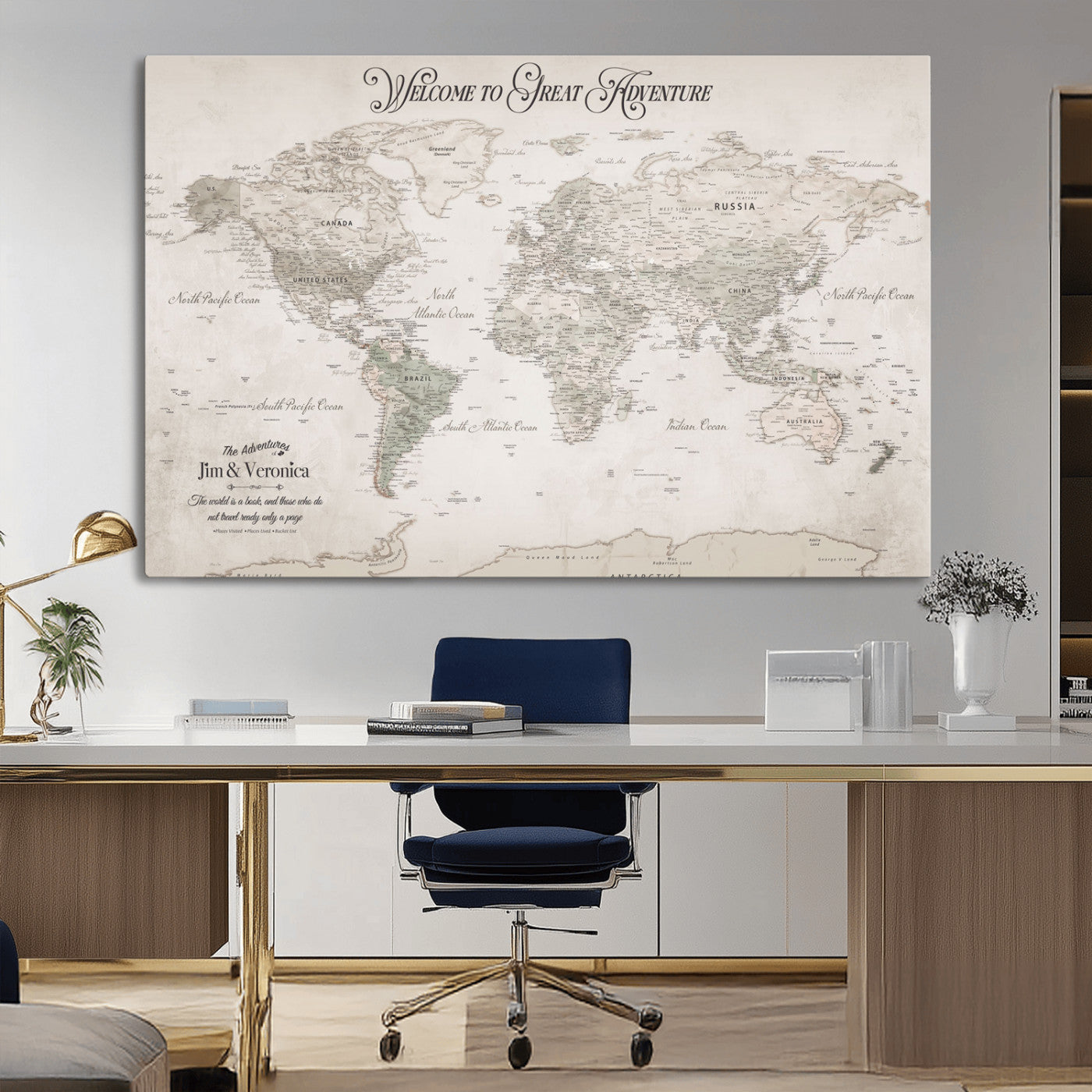93034948-MGV-CV-36X24-Personalized World Map Wall Art – Vintage Beige Adventure Travel Map with Custom Names, Elegant Push Pin Canvas for Couples,