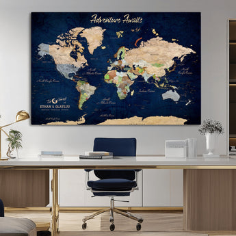 80965072-MGV-CV-36X24-Personalized World Map Wall Art – Adventure Awaits Navy Blue Travel Map with Custom Names, Rustic Vintage Wall Decor for Couples,
