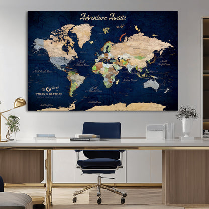 80965072-MGV-CV-36X24-Personalized World Map Wall Art – Adventure Awaits Navy Blue Travel Map with Custom Names, Rustic Vintage Wall Decor for Couples,