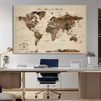 48225643-MGV-CV-36X24-Personalized World Map Wall Art – Rustic Vintage Adventure Travel Map with Custom Couple Names, Romantic Wall Decor for Home or