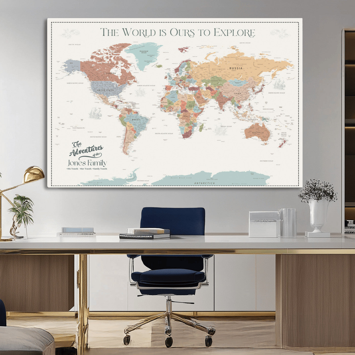 69180591-MGV-CV-36X24-Personalized World Map Wall Art – Rustic Vintage Adventure Travel Map with Custom Family Names, Unique Wall Decor for Couples,